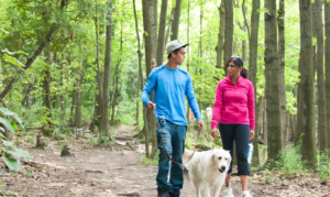 Couple with dog hiking along trail in forest at conservation halton park