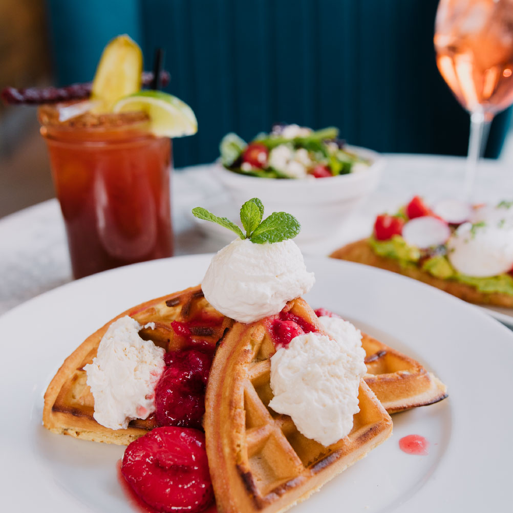 Waffles, drinks and other brunch items